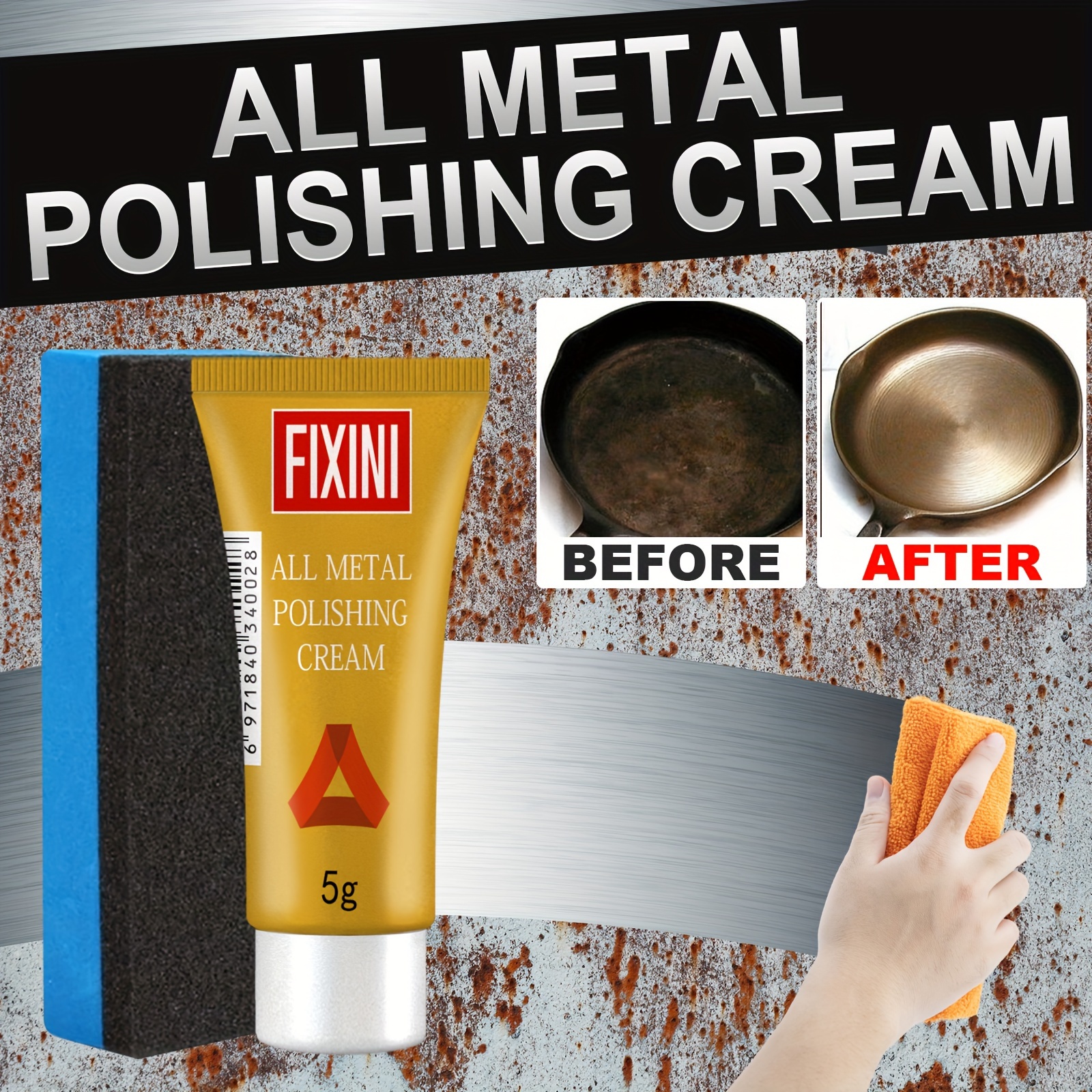 Fixini All-Metal Polishing Cream with Sponge - Multi-Purpose Shine & Repair Paste for Kitchens, Bathrooms, Stainless Steel, Ceramics, Car Wheels & Tires - Non-Abrasive Formula for Rust, Stains & Scratch Removal, 5g