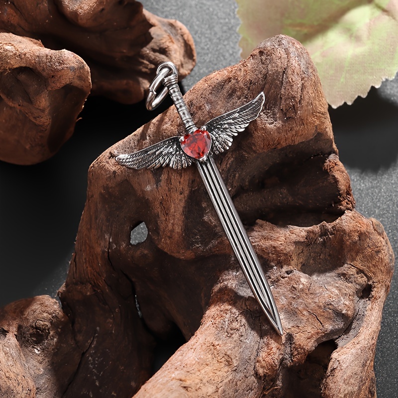 Vintage Red Cubic Zirconia Love Wings Sword Pendant Necklace