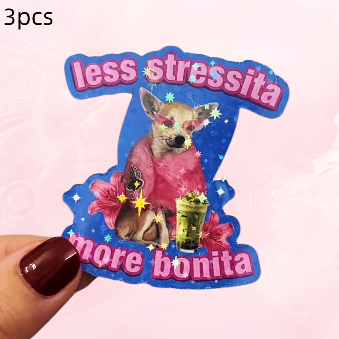 TEMU 1pc/3pcs Azul Chihuahua Rosa de Moda Gafas de Sol Peludas Rosas Bebida Matcha Flor de Lila Slogan Español Sticker Ilustración y Cool Estilo