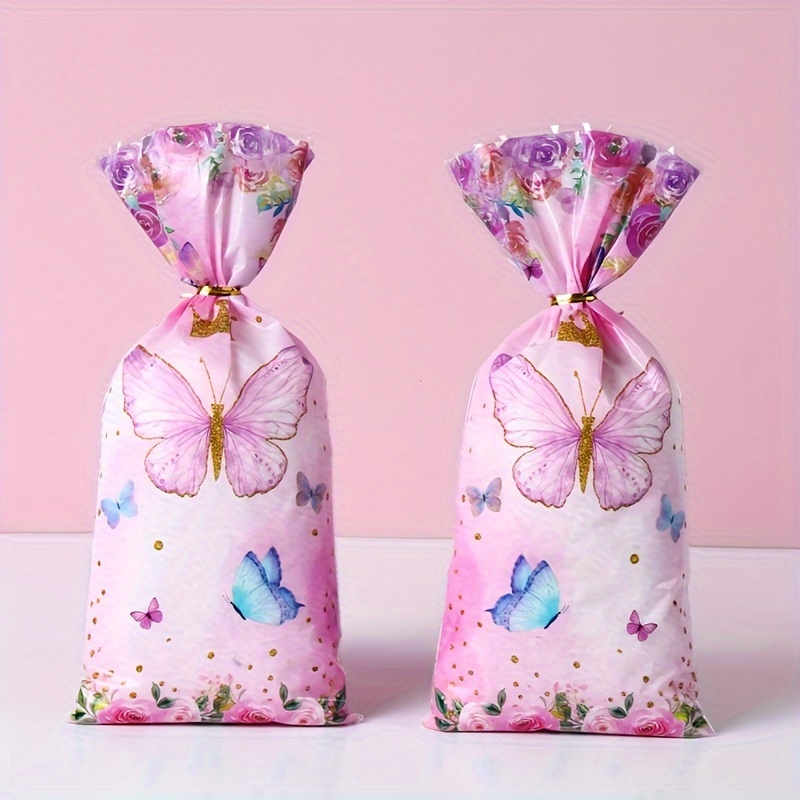 

25/50/100pcs, Crown Pink Purple Butterfly Candy Bags, Plastic Biscuit Food Gifts Packing Bag, Butterfly Happy Birthday Party Supplies, Bridal Shower Wedding Gifts For Guests, Birthday Party Decor Bags
