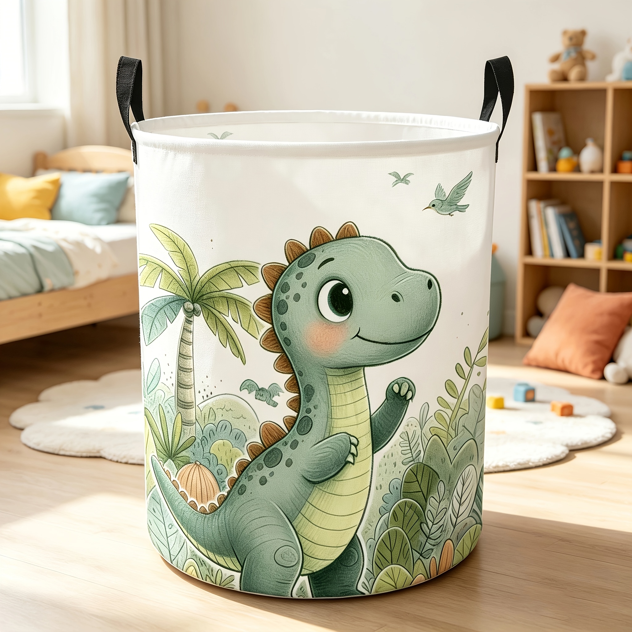 TEMU 1pc Round Laundry Basket, Cute Cartoon Dinosaur Pattern, Foldable Basket For , Capacity, Durable Polyester Material, Dormitory And Laundry Room