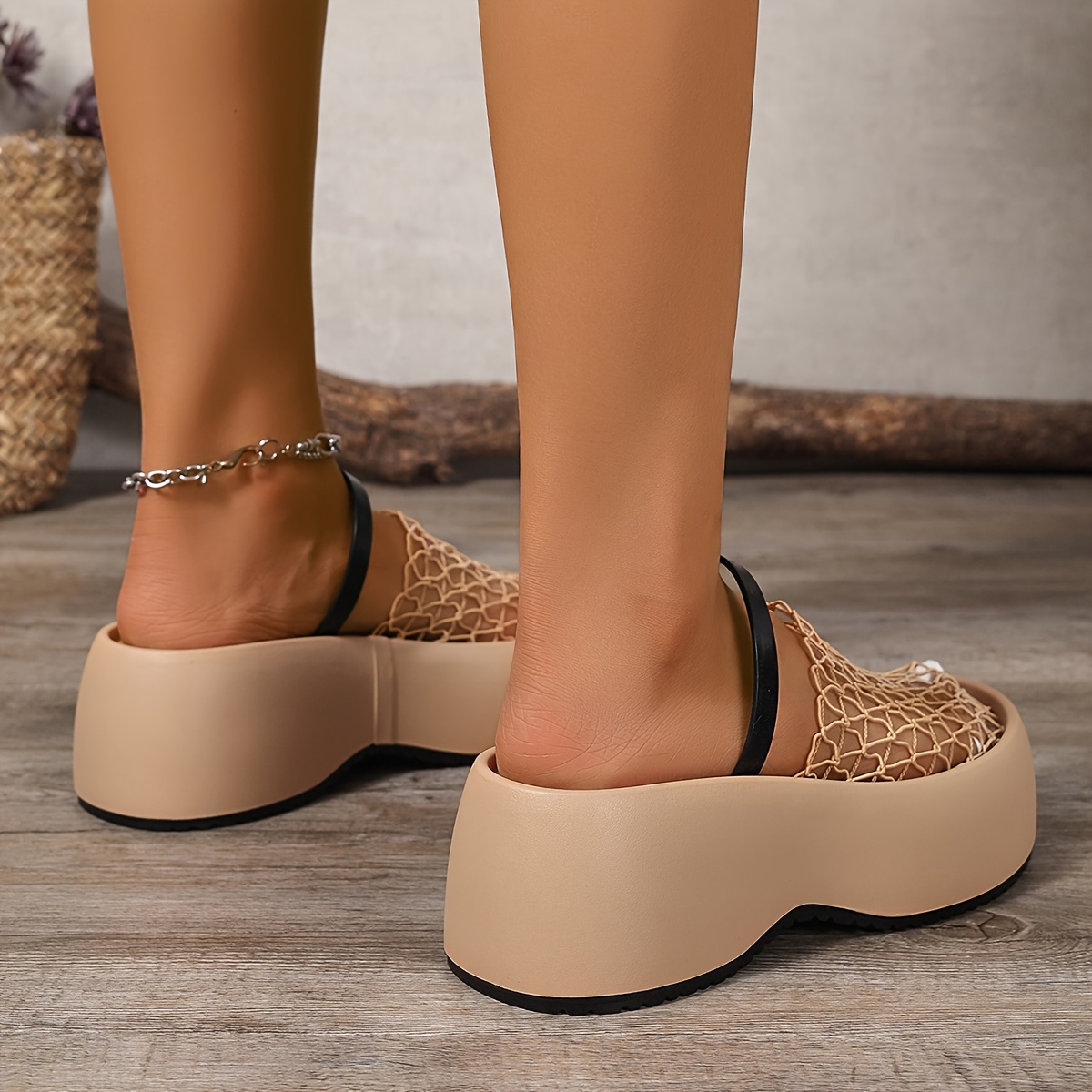 Women'S Casual Slide Sandals - Stylish Comfort with Platform, Thick Sole, and Comfortable Lace Fishnet Upper in Black or Beige. Perfect for Spring and Summer, Ladies' Shoes