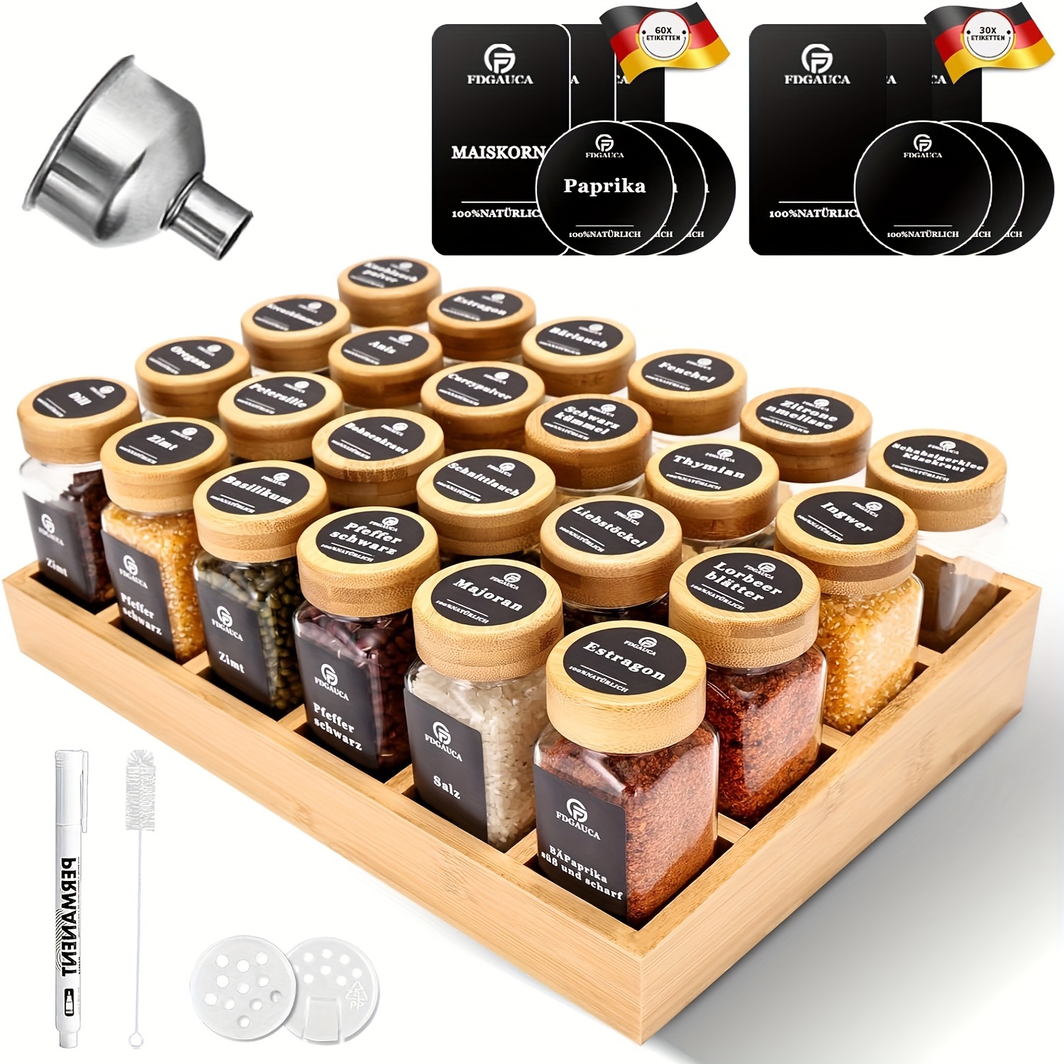 TEMU Natural Bamboo Spice Rack With Jars, Spice Rack Cabinet Set With Spice Jars And 180 Black Labels, Bamboo Spice Rack Suitable For A Tidy And