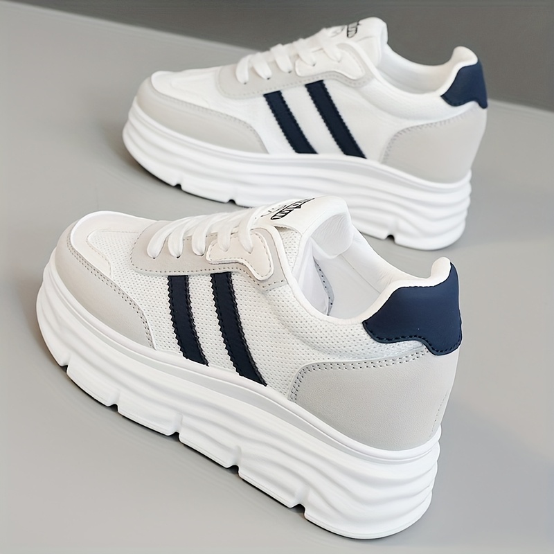 Image of Women's Mesh Breathable Inner Height-increasing Casual Sneakers, Women's Thick-soled Casual Athletic White Shoes