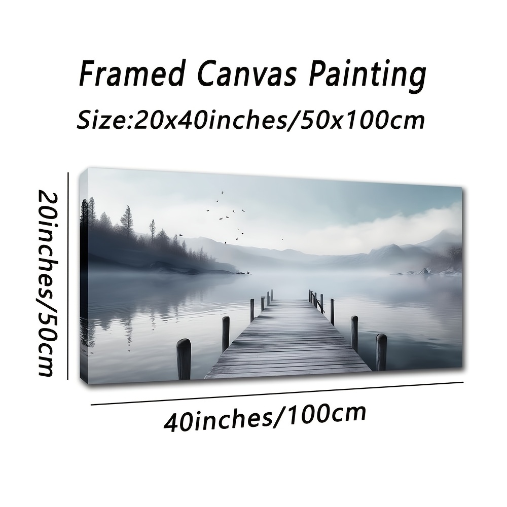 TEMU Art Minimalist Landscape Canvas Art Print, Black And White Lake Bridge Wall Hanging Decor, Fir Wood Framed, Indoor Artwork For Living Room,