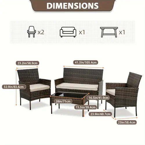 4 pieces patio furniture set wicker sofa rattan outside furniture garden conversation sets with soft cushion and glass table for yard pool or backyard