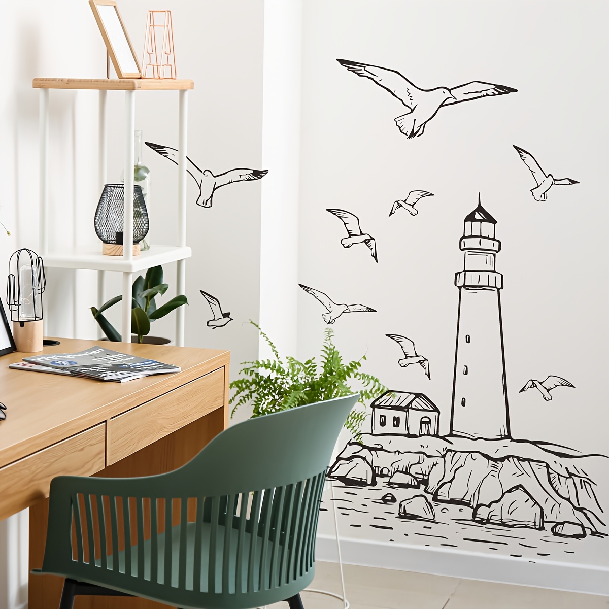 Image of 2pcs Minimalist Line Drawing Lighthouse Seaside Wall Sticker, Seagull Element, Bathroom Wall Ambiance Sticker