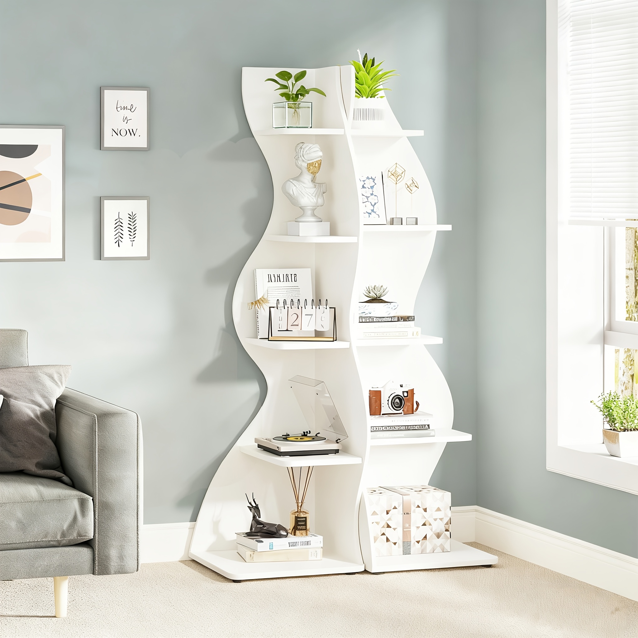 TEMU Modern -shaped L- Corner Bookshelf - 5-tier -standing Shelf With Curved Space- Design, Thickened Wood Panels For /office Storage & Display, Easy