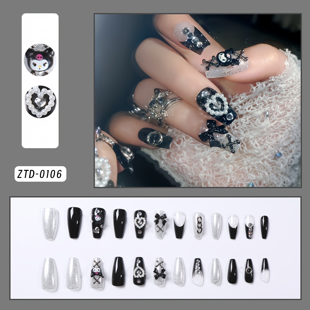 Image of 24pcs Black Kuromi Press On Nails With Pearl Love Bow Nail Art Charms Rhinestones, Long Cartoon Ballet False Nails Full Cover Nail Tips For Women Birthday Christmas Party Gift