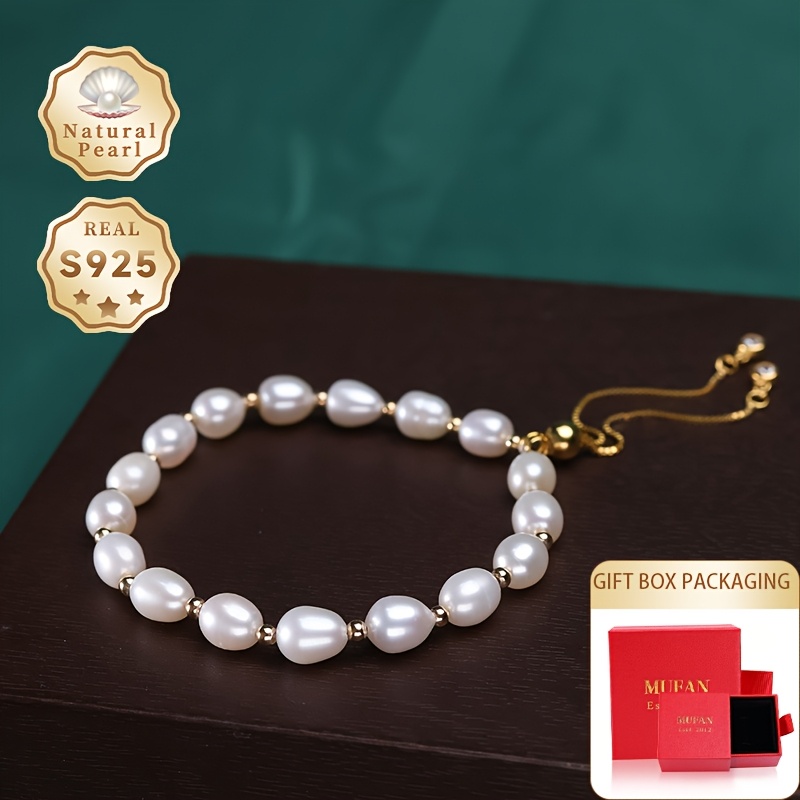 Freshwater Pearls Bracelet S925 Silver 5-7mm Rice Shape Adjustable Length