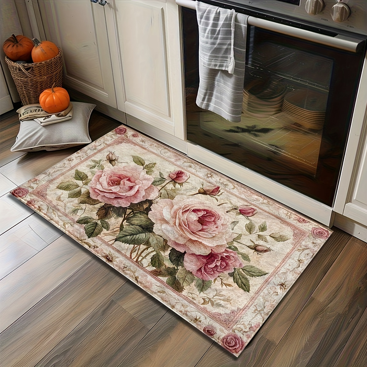 Image of 1pc Retro Pink Floral Bathroom Anti-slip Mat - Faux Material Rectangular Floor Mat, Absorbent And Non-slip, Suitable For Bedroom, Bathroom, Toilet, Kitchen Entrance And Home Decor, Style
