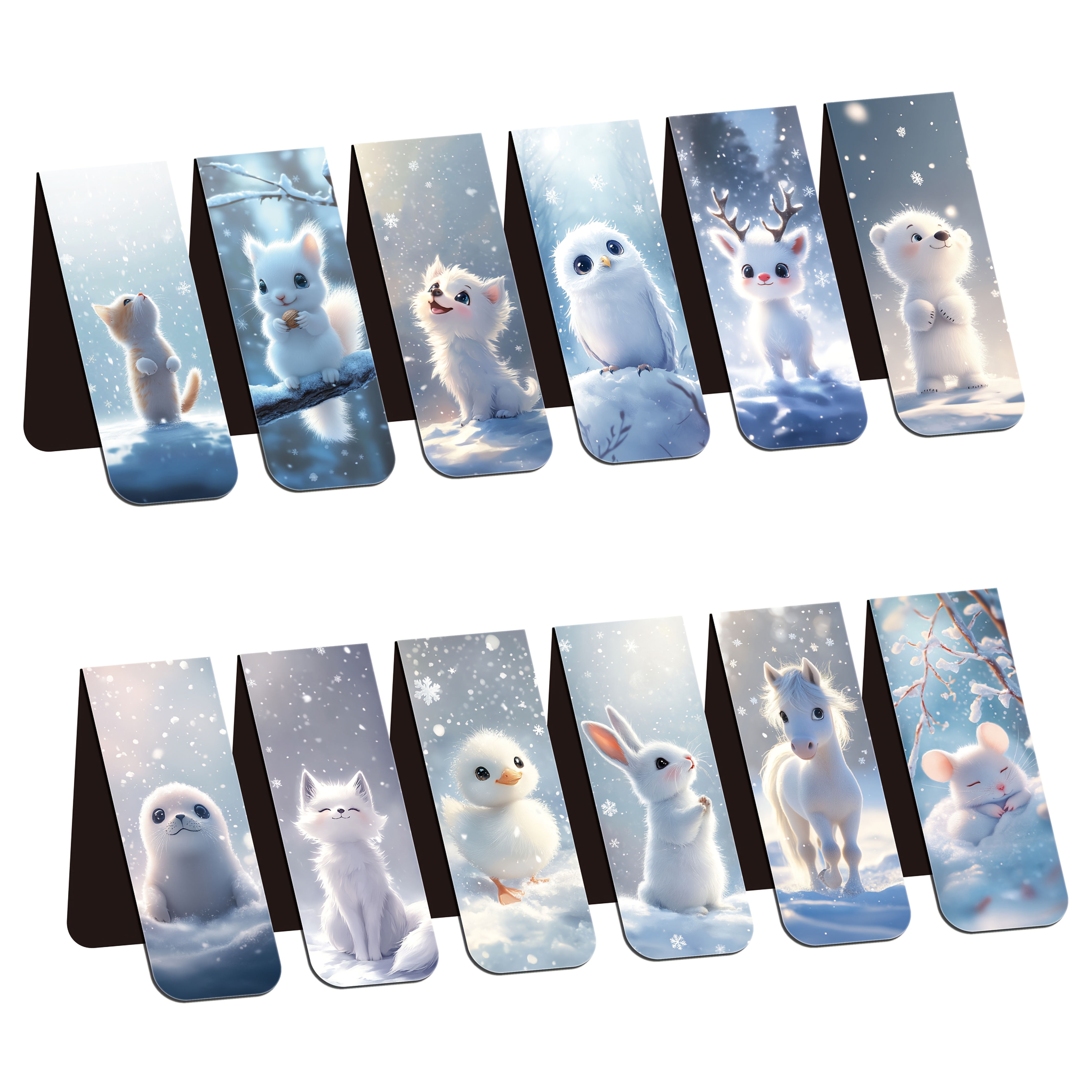 E-shop 12er-Set Winter-Tier-Magnet-Lesezeichen - Niedliche Cartoon-Kaninchen-, Katzen-, Bären-, Hund- & Eulen-Designs, Schneebilder mit Tannenzweigen,