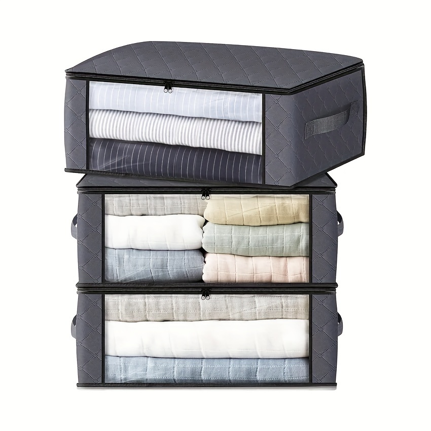 TEMU 3-pack Foldable Pvc Window Storage Bags, 3-layer Non-woven Fabric, Transparent Clothes And Blanket Organizer, Grey, , No Handles, Zipper Closure, For Daily Commute And Moving