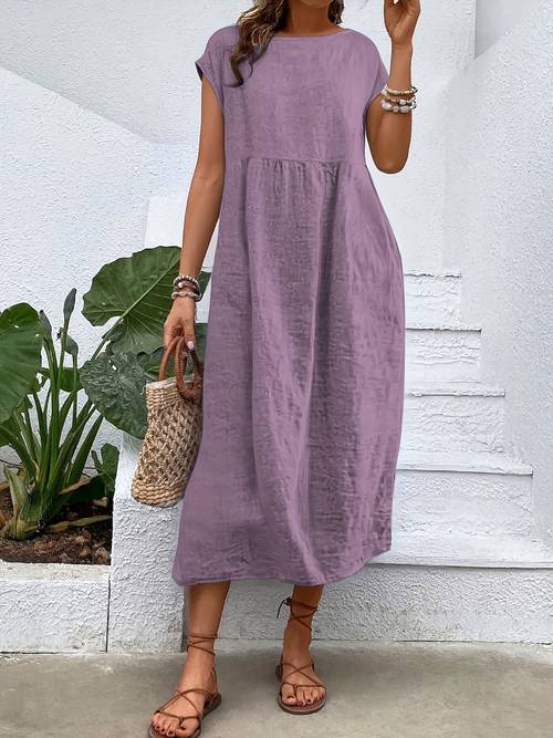 womens round neck pocket solid color sleeveless loose dress