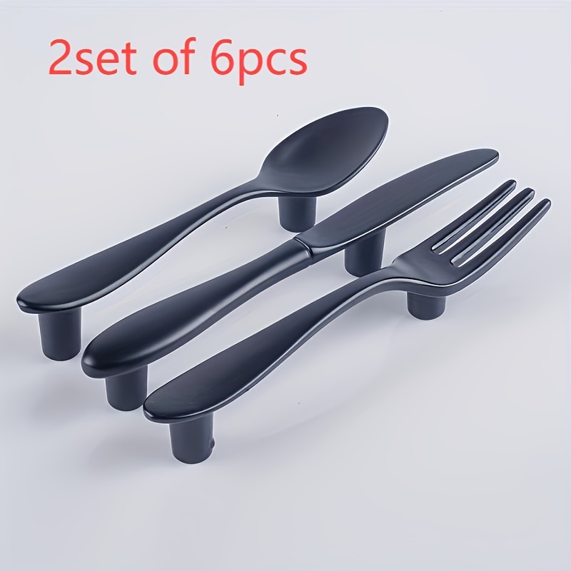 

1 Set Of 6 Creative Handles, 2pcs In Of Knife, Fork And Spoon, Modern And Simple Knife, Fork And Spoon Handles, Cabinet Door Handles, Door Handles, Drawer Handles, Black