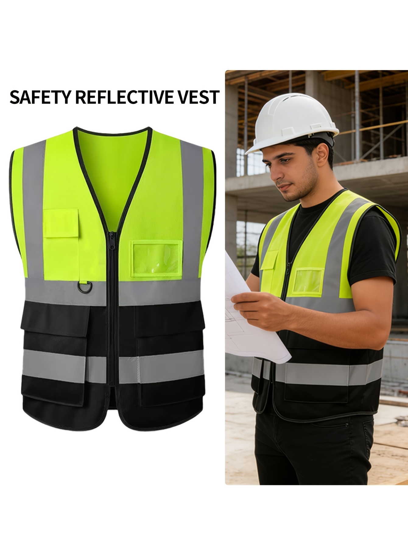 Universal Reflective Jacket, Fluorescent Green Multi-pocket Design, Breathable and Comfortable, Suitable for Construction Sites, Traffic Control, Outdoor Cycling and Running Safety Protection.