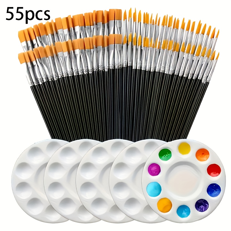 TEMU 55pcs Professional Art Paint Brush Set, 50pcs Flat And Pointed Brushes_5 Round Oil Paint Trays, Perfect For Oil And Watercolor, Ideal Gift For
