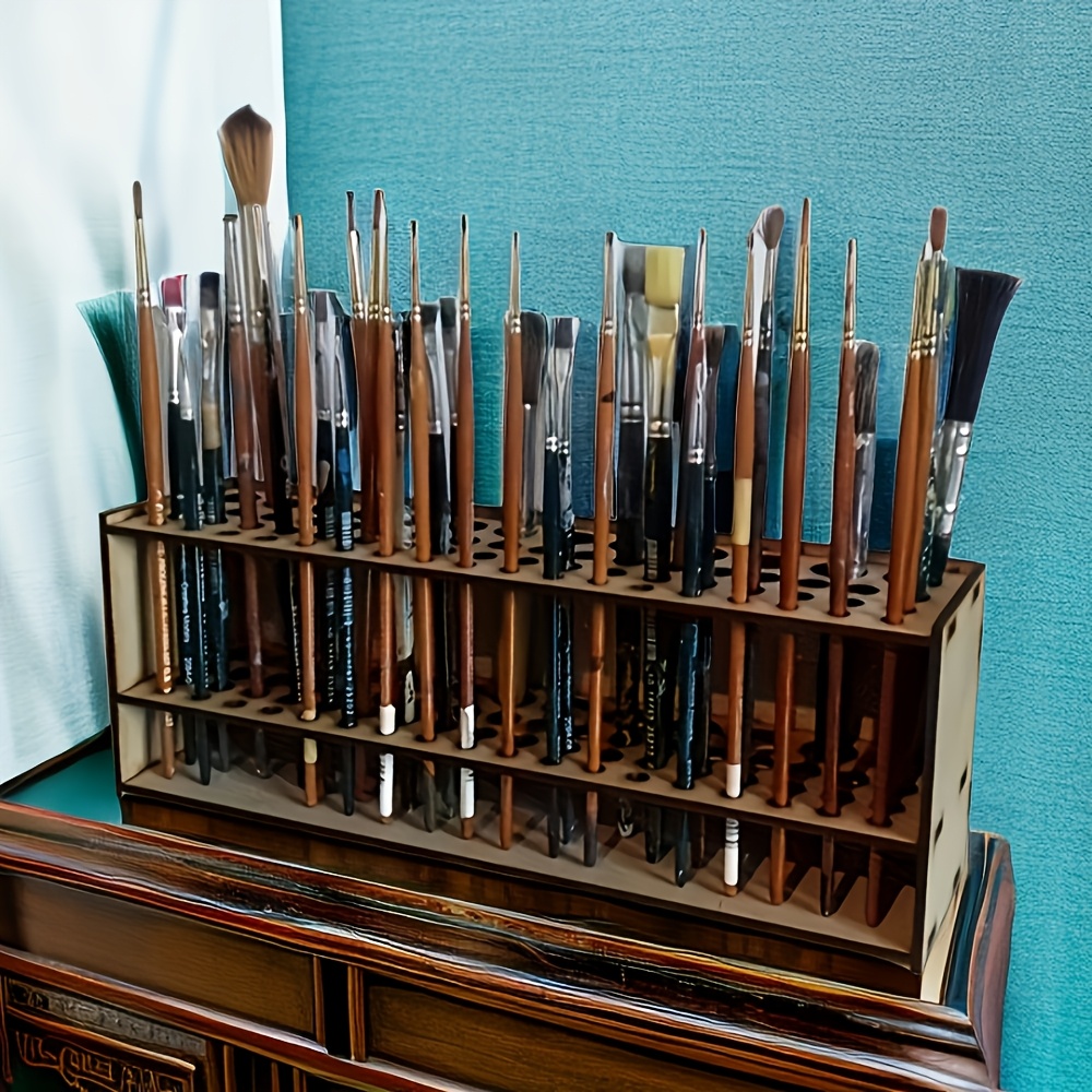 

Classic Wooden Brush Holder With 67 Slots - Detachable, No Electricity Needed, Artists | Home, Studio, School Organizer | Elegant Design With Transparent Holders