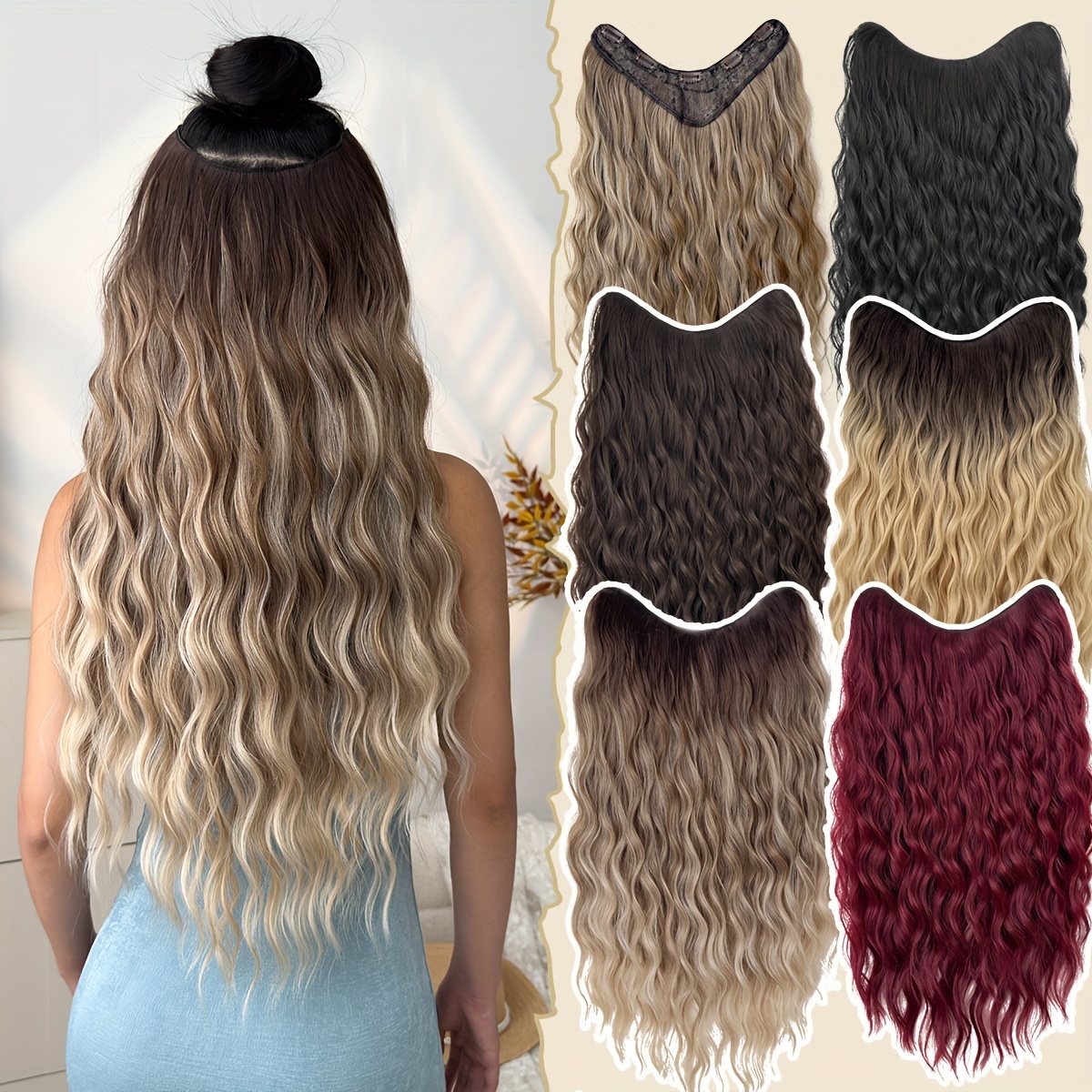 clip in hair extensions v shaped ombre 24 inch long water wave wavy heat resistant fiber synthetic hairpiece for women girls   use