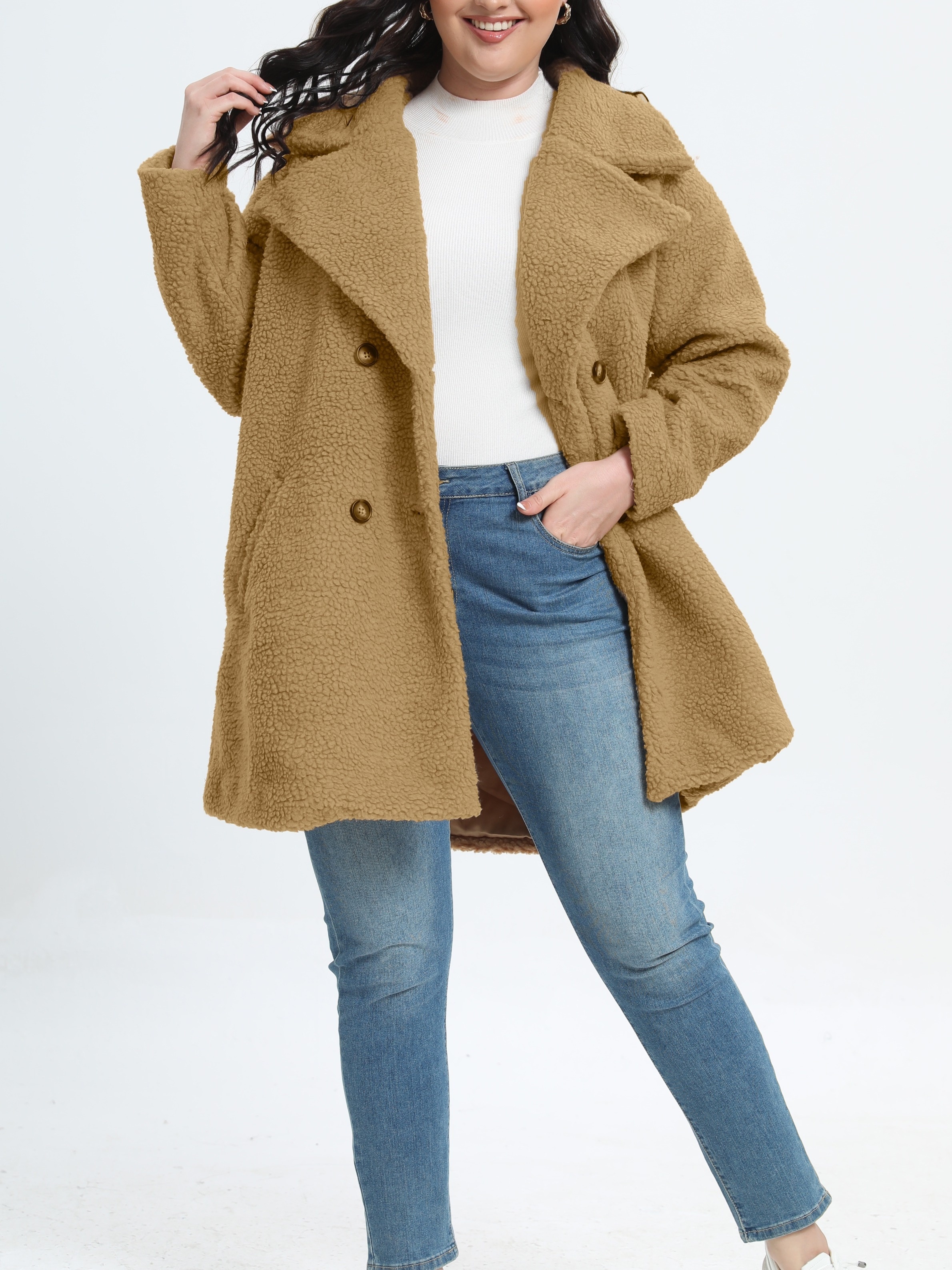 Plus Size Casual Winter Coat Women's Plus Solid Teddy Fleece - Temu