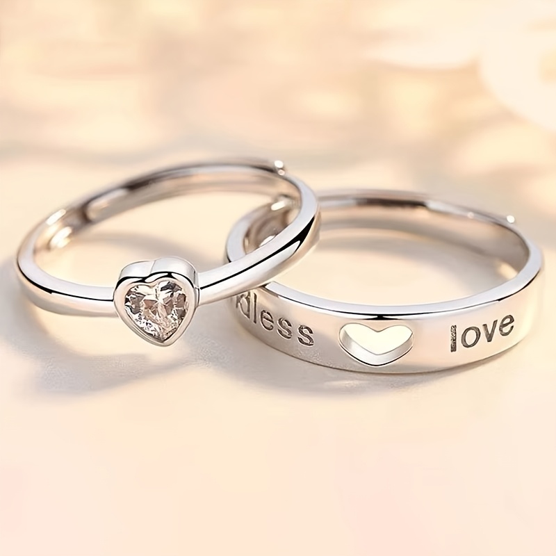 

Adjustable Love Heart Couple Rings - Classic Silvery-tone Lettering, Perfect Valentine's Day Gift For Him Or Her