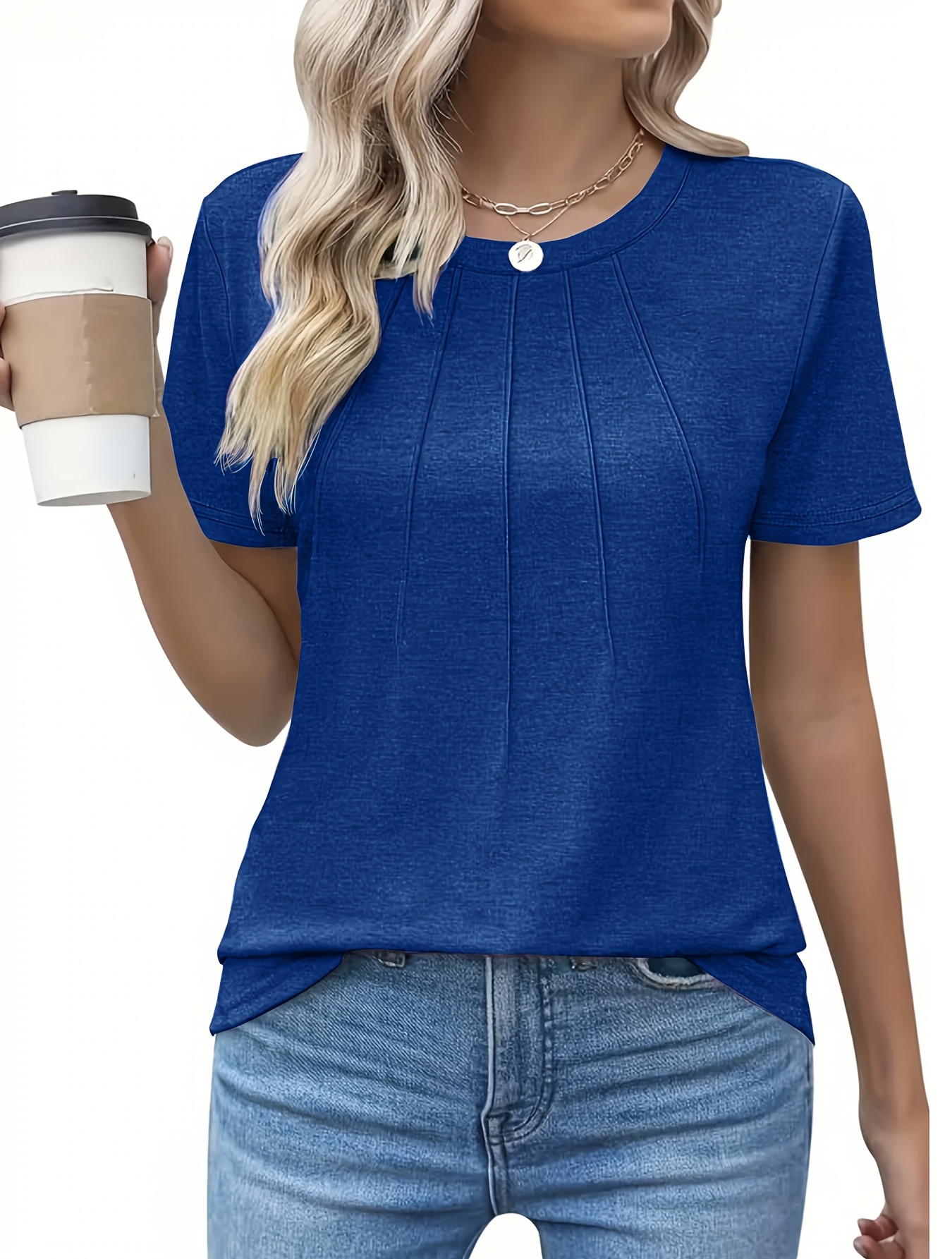 Women'S Casual Summer T-Shirt - Solid Color, Round Neck, Short Sleeve, Comfortable Loose Fit, Dark Blue, Polyester Blend, Machine Washable, Casual Summer Wear | Round Neck Tshirt | Texture