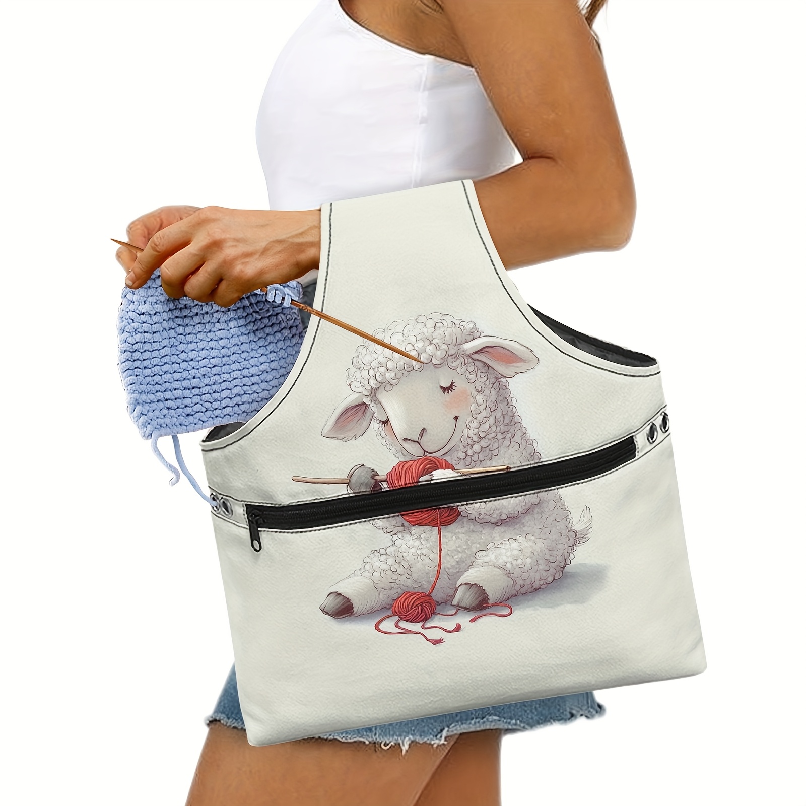 Image of A Cute And Yarn Themed Crochet Storage Bag, Sewing Supplies Organizer, Portable Needle And Thread Tool Pouch | Durable Fabric Bag For Organizing Sewing Additions, Yarn Storage