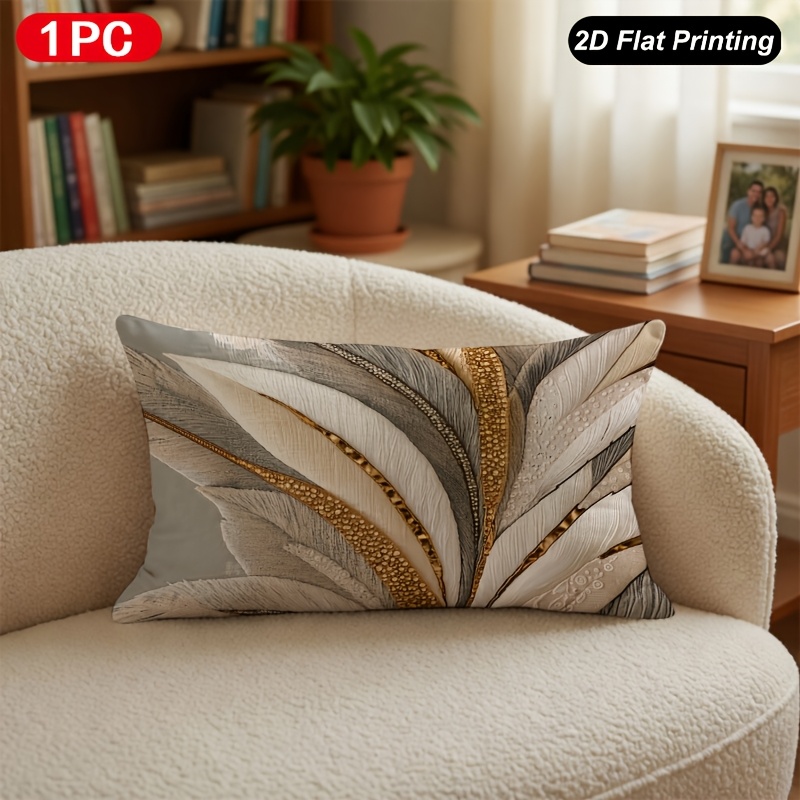 TEMU 1 Housse de coussin lombaire 2D à impression plate, , blanc, doré, en plume, pour intérieur/extérieur, ferme, chambre, salon, canapé, décoration