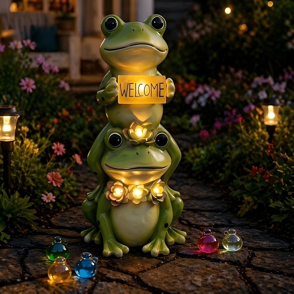 TEMU Solar Stacked Frog Garden Statue With Welcome Sign, Led Light, Ip65 Resin Frog Figurine For Outdoor Yard Patio Lawn Decor, Housewarming Gift