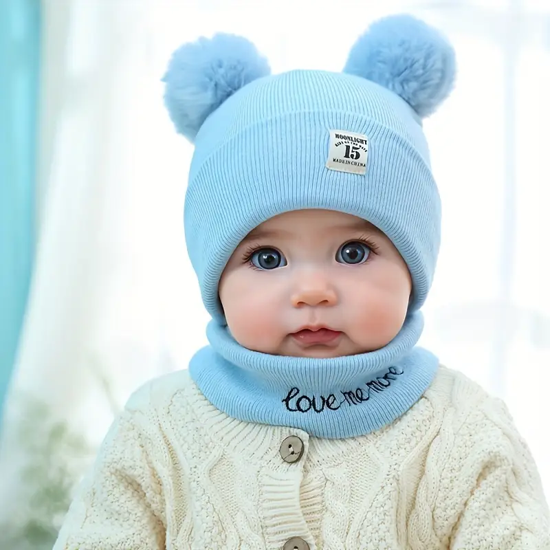 2Pcs Cozy Knitted Beanie Pom Pom Set Soft Stretchy