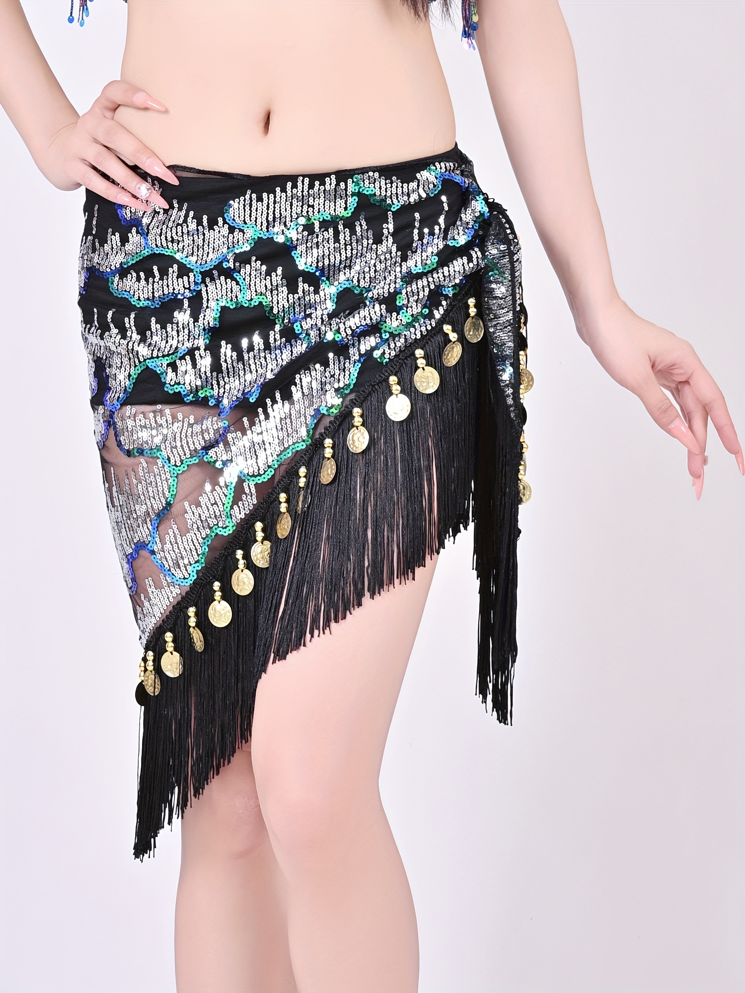 Women's Belly Dance Hip Scarf Sequined Mesh Triangle Wrap Skirt