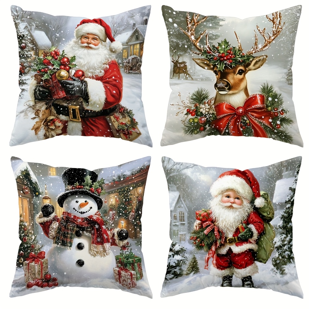 TEMU Set Of 4, Featuring A Christmas Design With Reindeer, Santa Claus, Christmas Gnome, Snowman, Snow Holly, And Gift Patterns, Measuring 17.7 By