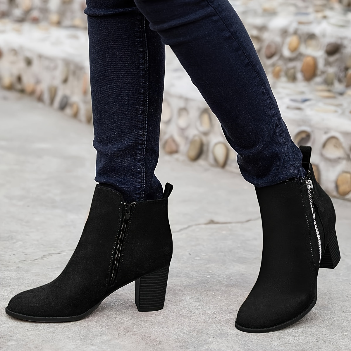 

Ankle Boots For Women Chunky Heel Side Zipper Pointd Toe Suede Shoes