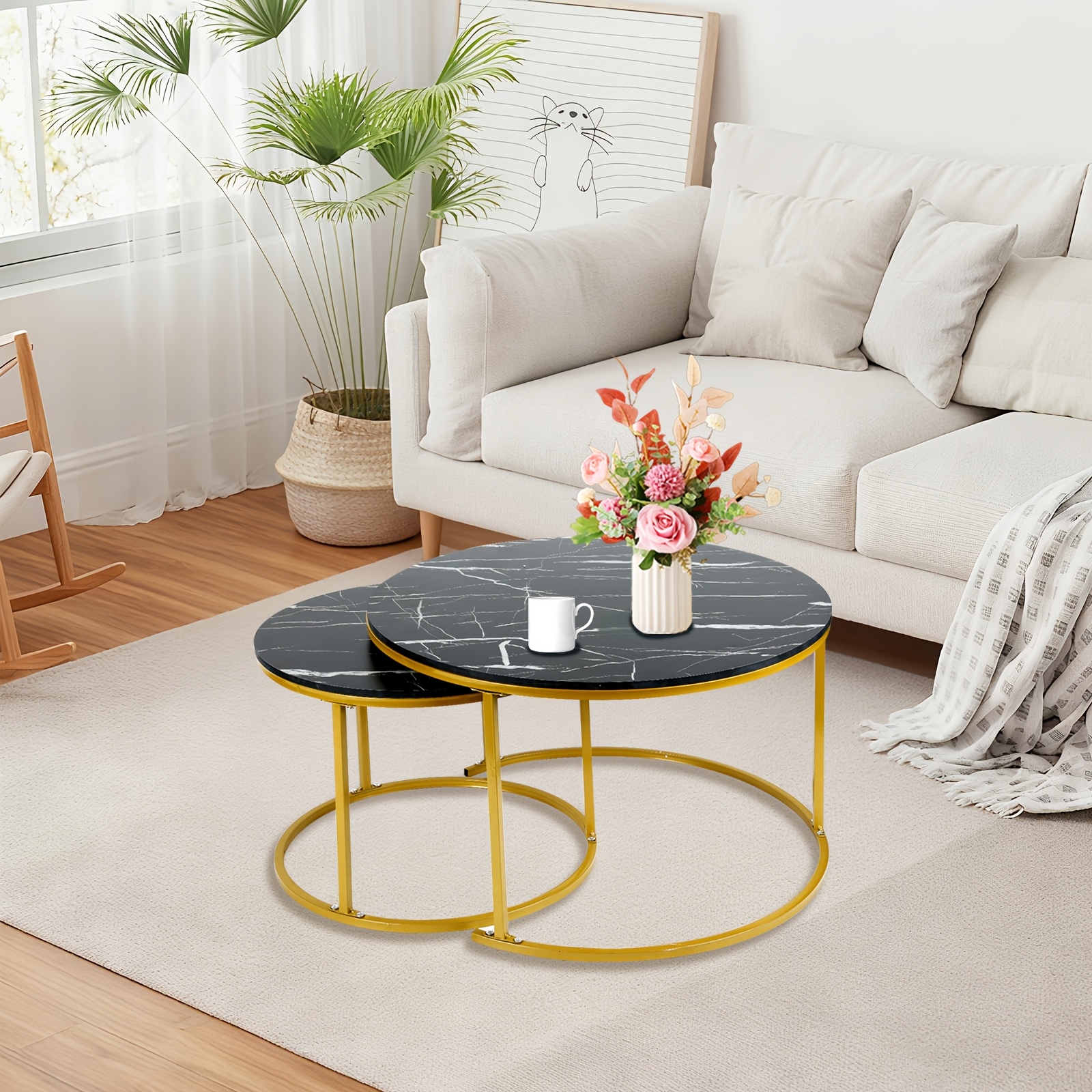2pcs Round Nesting Coffee Table/side Table/set Table Set, Metal Frame, Suitable For Living Room, Dining Room, Bedroom, Balcony, Easy To Assemble, Diameter: 60cm And 40cm (black).