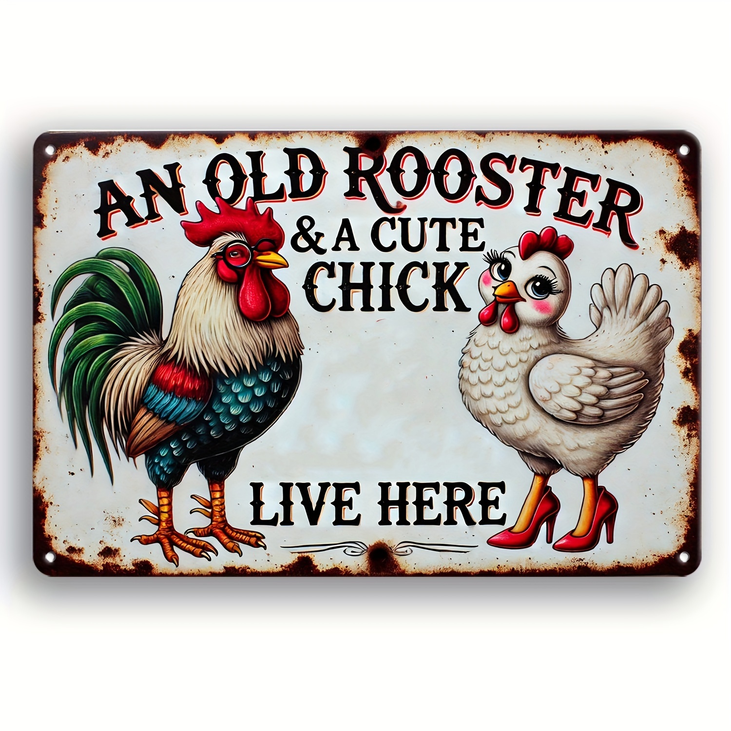 

Pack Of 1 Metal Sign "an Old Rooster & A Cute Chick Live Here", Humorous Tin Plaque, 8x12 Inches, Wall Hanging, Multipurpose Indoor/outdoor Decor, , , With English Text For Home, Cafe, Bar