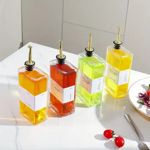 2 4pcs square glass olive oil dispenser bottles with golden spout silicone funnel 500ml bpa essentials for oil vinegar cooking salad dressings label stickers oil dispenser for kitchen sleek bottle style transparent storage