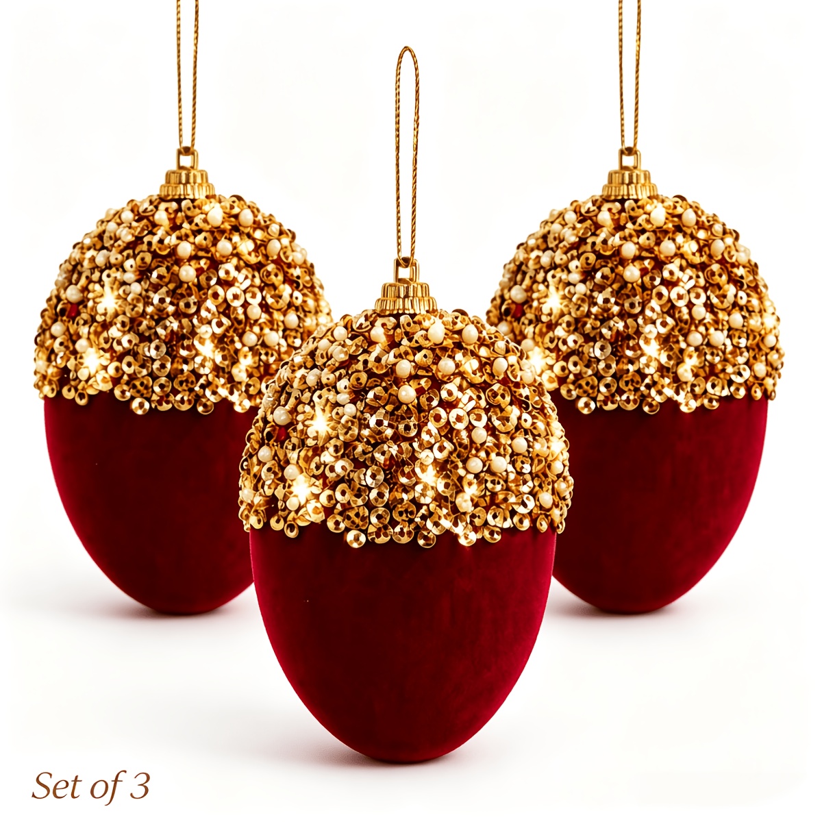 TEMU Christmas Ornament Balls, Spherical Decorations, Set Of 3, Burgundy Wine Red And Golden Glitter Flocked Hanging Ornaments, 3.54-inch Christmas