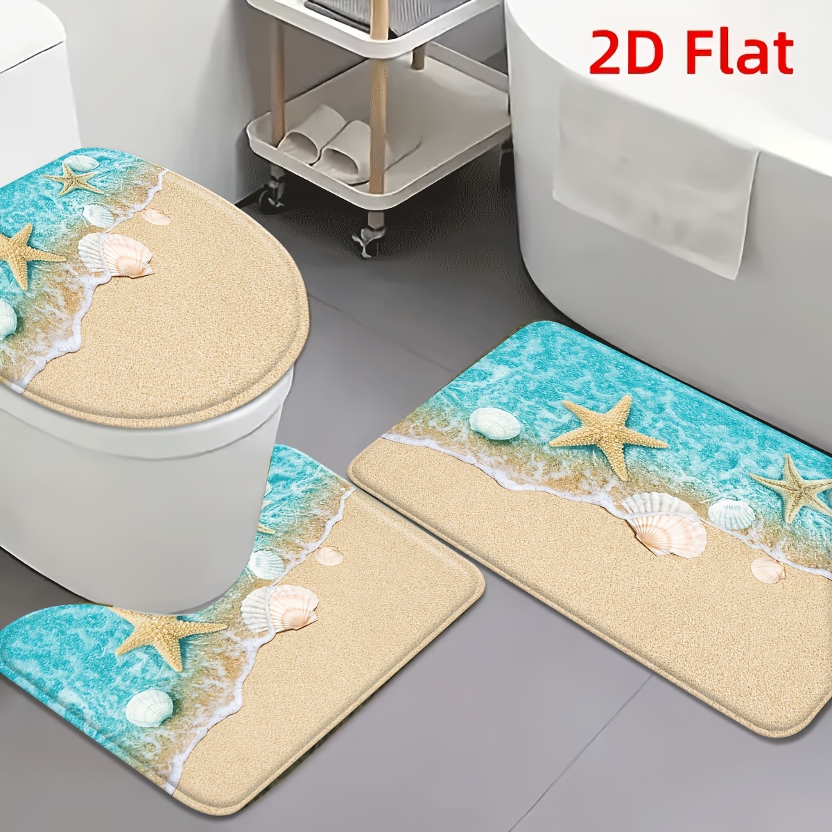 TEMU 2d Flat 3pcs And Starfish Flannel Non-slip Toilet Mat Set, With Seashells And Starfish; Bathroom, Entrance, Balcony, Washroom