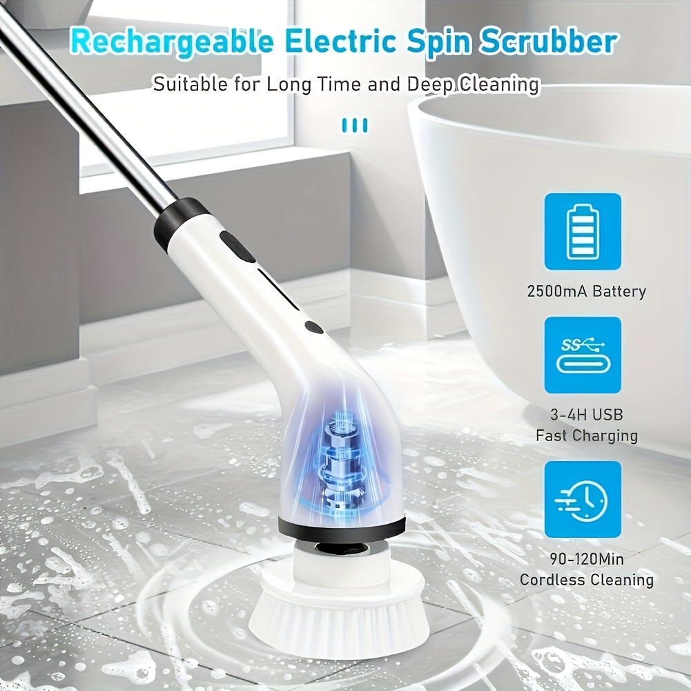 2026 electric spin scrubber dual adjustable   cordless adjustable detachable handle 8 replaceable brush heads up to 300 400rpm for floor bathroom tub tile Product details 0