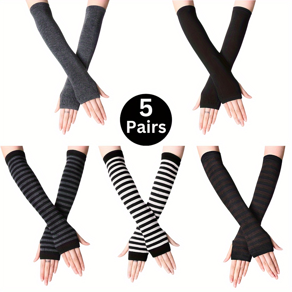 

5pcs Y2k Striped Knit Fingerless Gloves With Thumb Hole - Soft, Warm Arm Covers For Women | Machine Washable, , Touchscreen Compatible, For Winter, Autumn