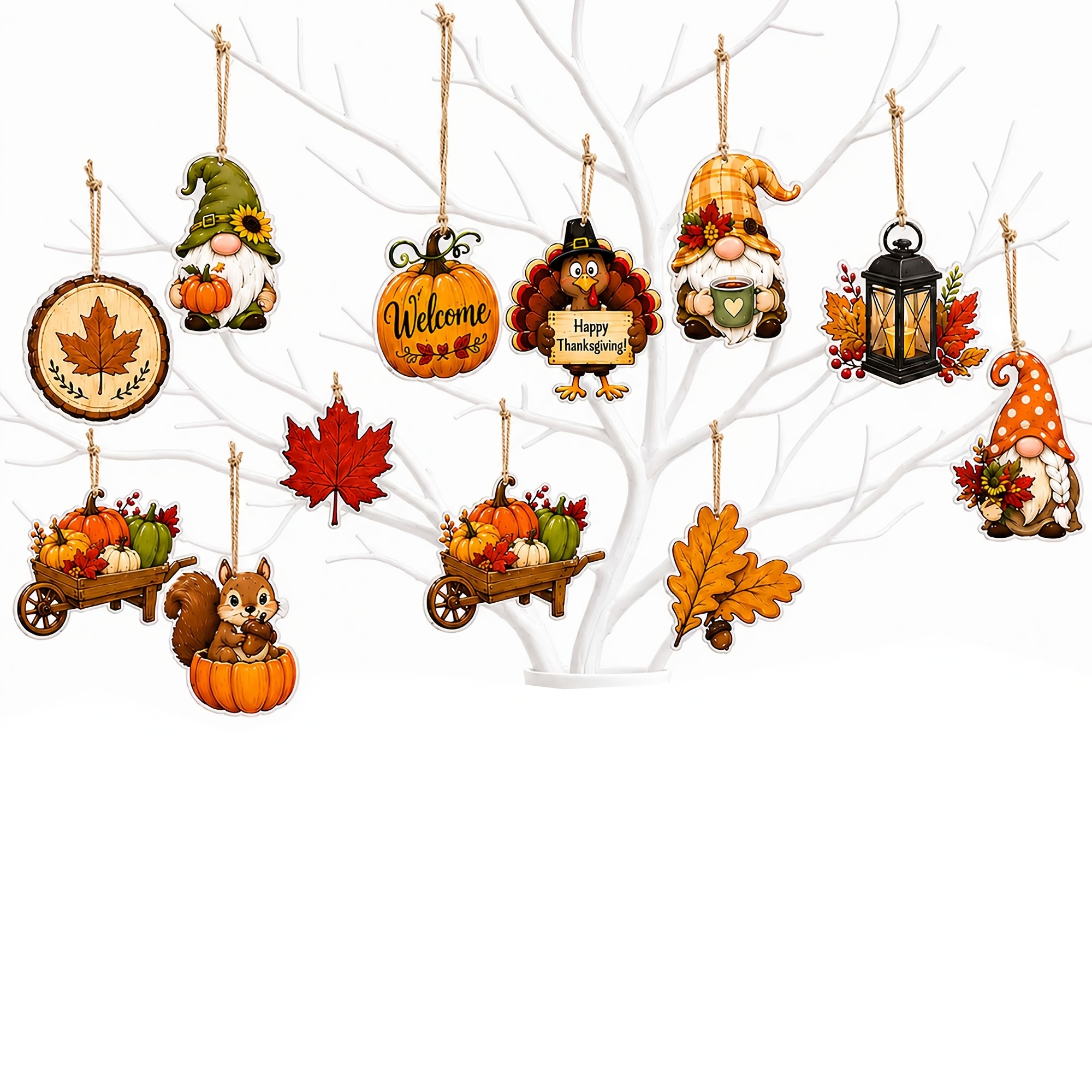 TEMU 12 décorations d'arbre d'automne, ornements rustiques de Thanksgiving pour arbre | Ornements à suspendre imprimés - de citrouille et de feuille