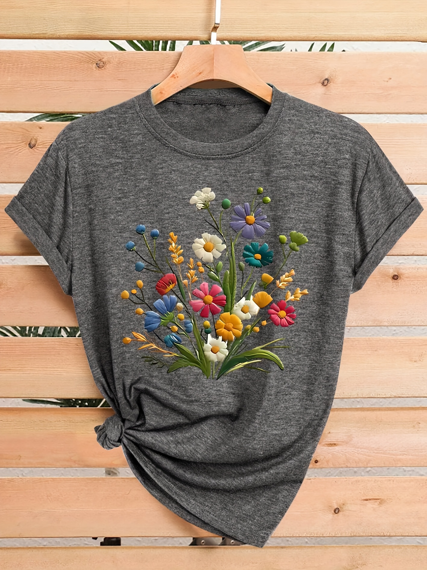womens floral print t shirt casual crew neck short sleeve top medium stretch fabric vintage style with colorful   sizes s xxl Product details 3