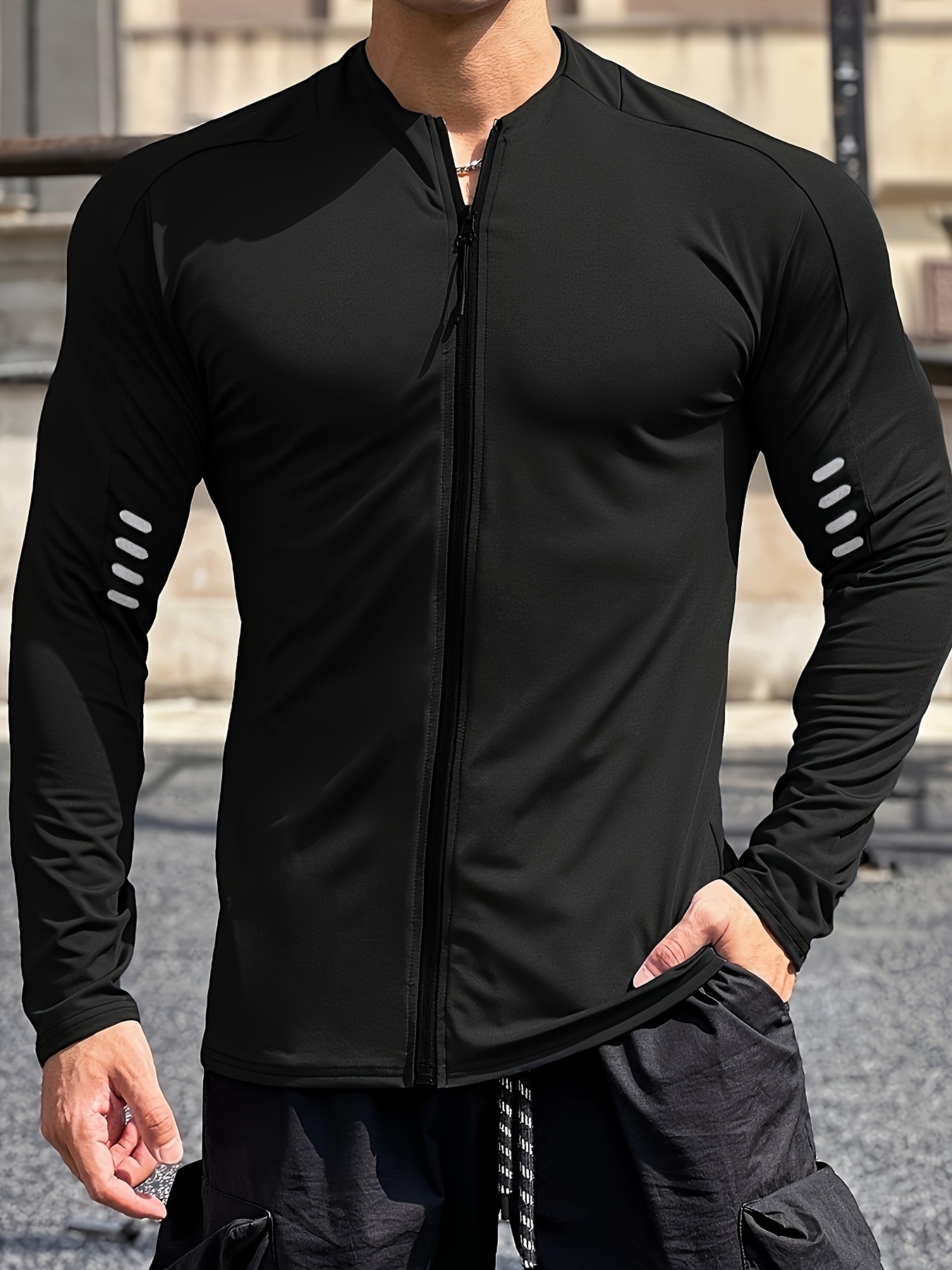 men's sports fitness long sleeve shirt with zipper