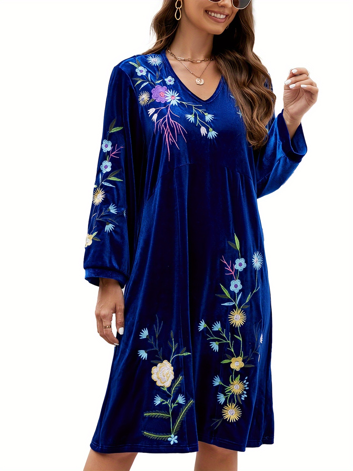 green emerald velvet dress Chilac Embroidered Mexican Long Dress main image 1