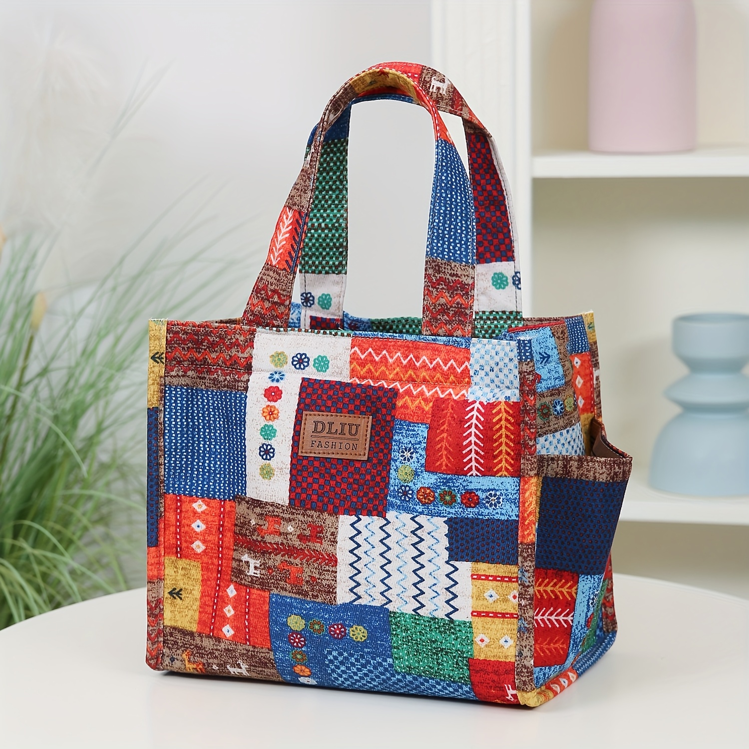 TEMU [women's Handbag] New Product, Thickened Printed Fabric, Floral Pattern, Handbag, Large Capacity Portable Lunch Box Storage Bag, Zipper Closure