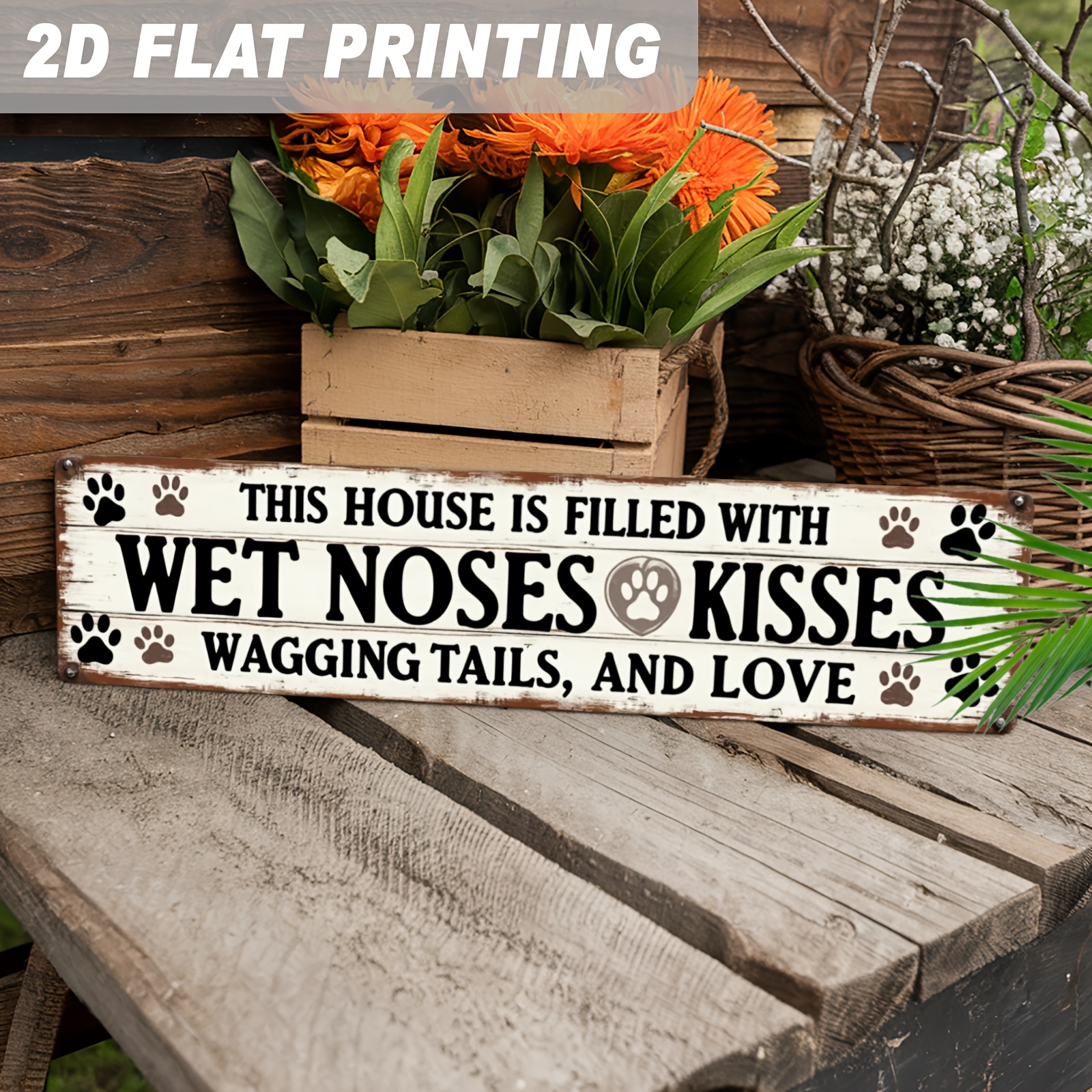 TEMU 2d Flat 1pc Lover Wooden Wall Decor - Paw Print And "this House Is Full Of , Wagging Tails, And Love" Slogan - Country Farmhouse Style Pet Owner