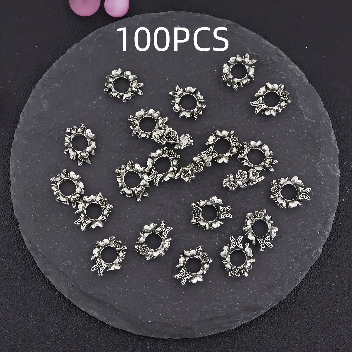TEMU 100pcs 3d Flower Decorative Beads, Large Hole Beads Made Of Alloy Antique Silvery, Jewelry Making Additions, Suitable For Necklace, Bracelet,