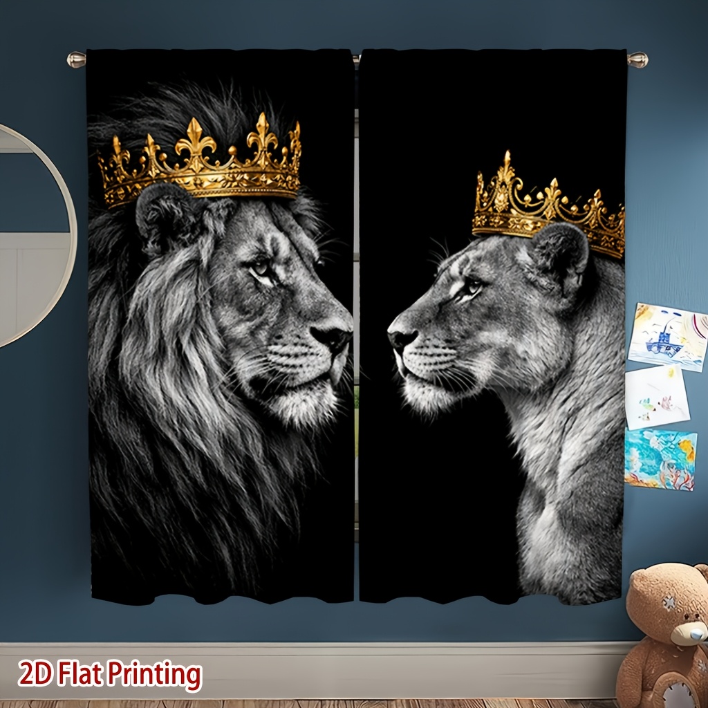 TEMU 2pcs Double Lion With Crown Print Curtains, Soft Light Filtering And Privacy Protection, Rod Pocket Installation, Suitable For Living Room,