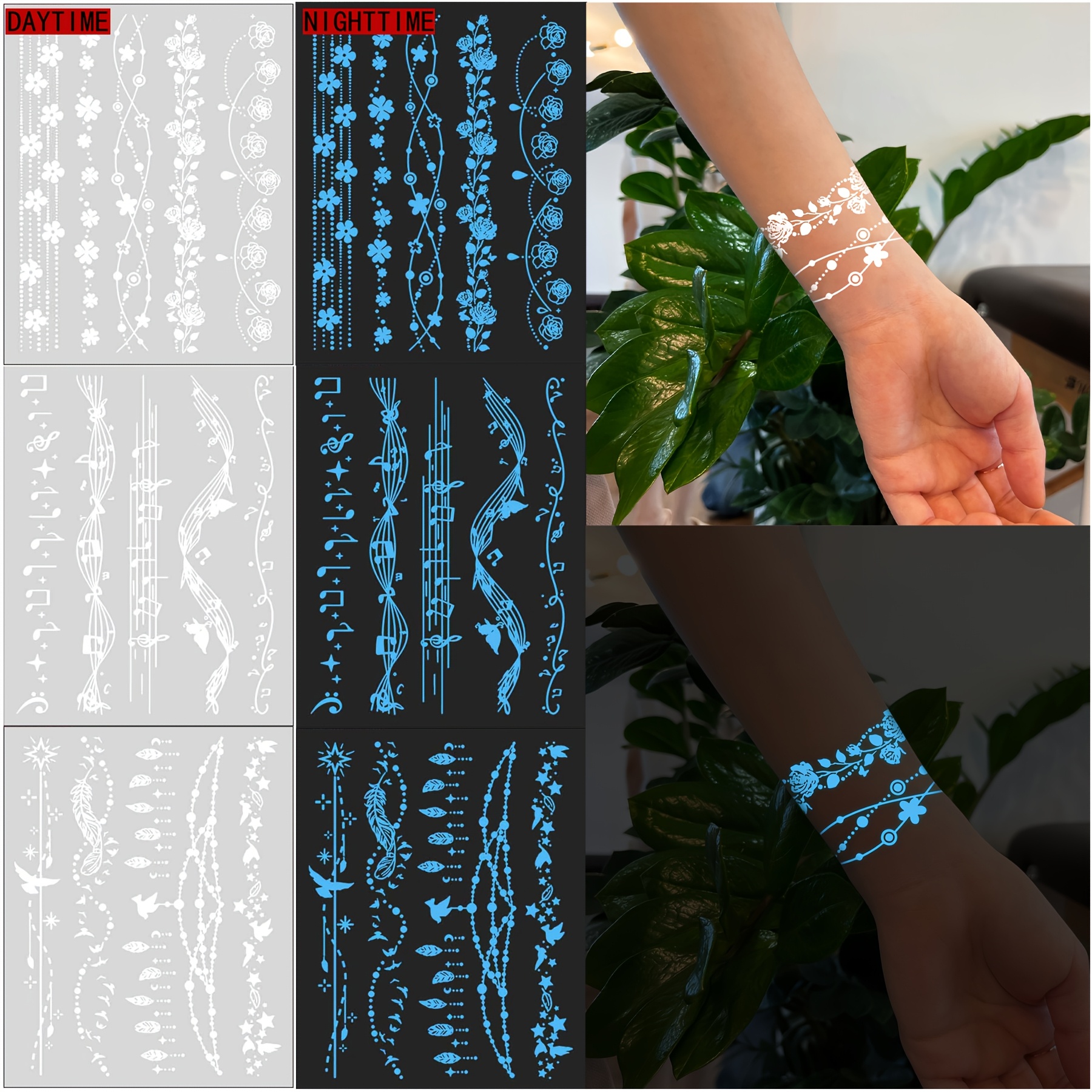 Image of 3 Sheets Of -the-dark White Lace Floral Music Note Star Tattoos For Arm, Wrist, And Hand - Long-lasting Waterproof Unisex Temporary Tattoos