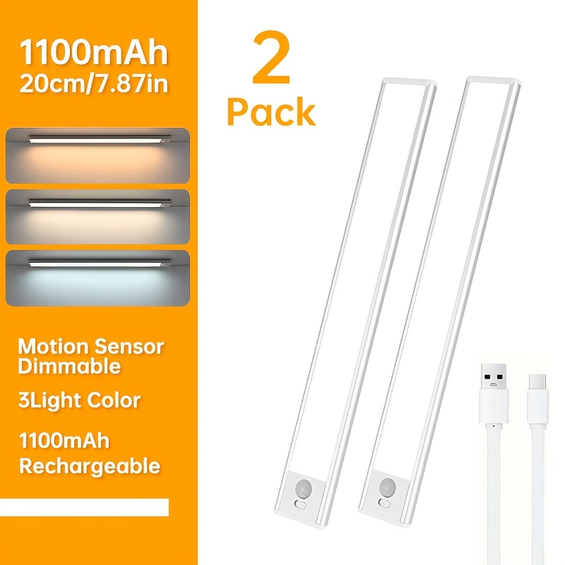 TEMU 2-pack Magnetic Led Under-cabinet Sensor Lights | Metal, Usb Powered, 3-level Adjustable Brightness, Motion Sensor, Button Control, Long-lasting